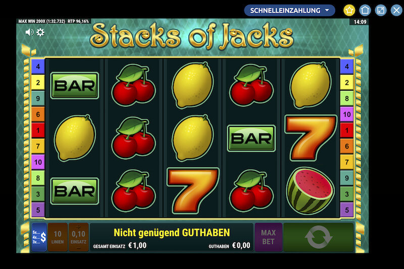 Stacks of Jacks Slot Spieloberfläche mit bunten Früchten und Symbolen auf den Walzen